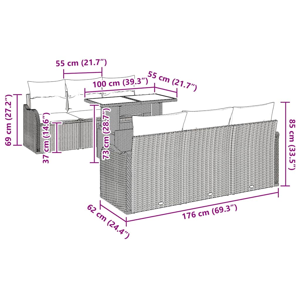 Conjunto de sofá de jardín 7 pcs Beige Rattan de Poliéster