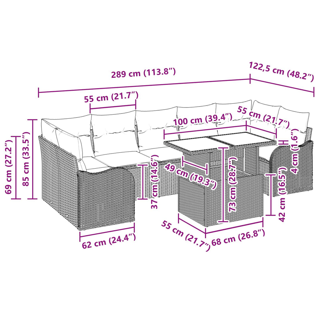Conjunto de sofá de jardín 8 pcs Marrón Rattan de Poliéster