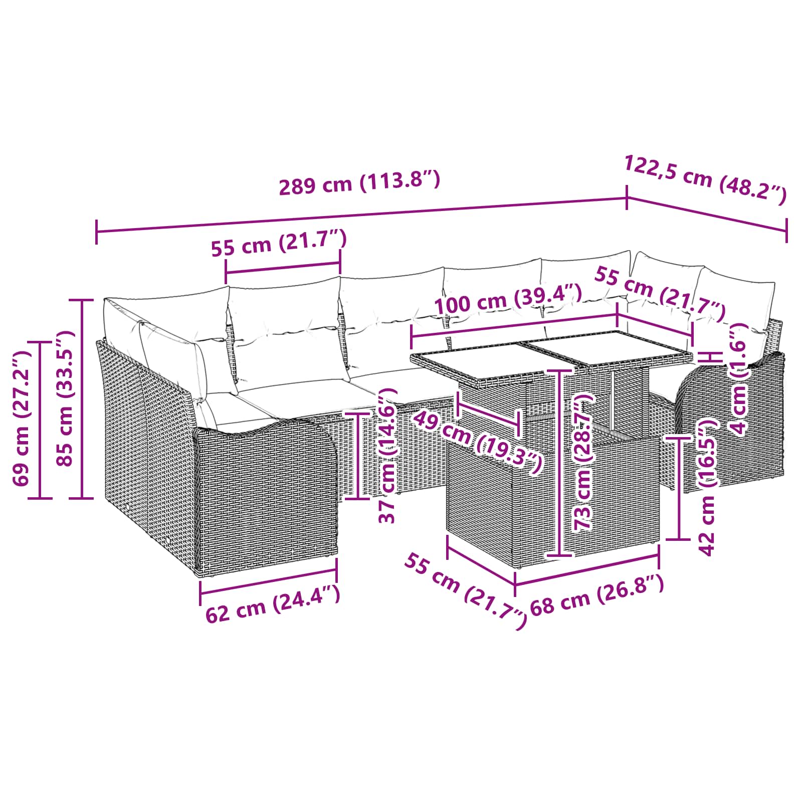 Conjunto de sofá de jardín 8 pcs Marrón Rattan de Poliéster