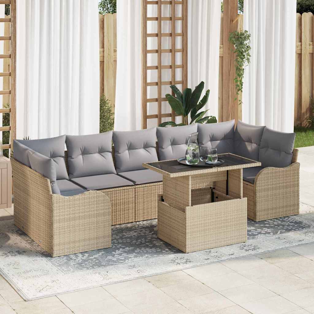 Conjunto de sofá de jardín 8 pcs Beige Rattan de Poliéster