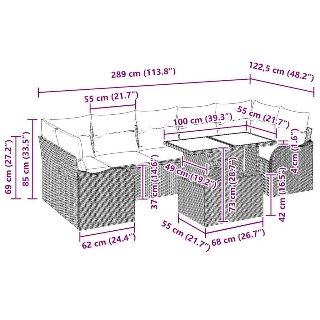Conjunto de sofá de jardín 8 pcs Beige Rattan de Poliéster