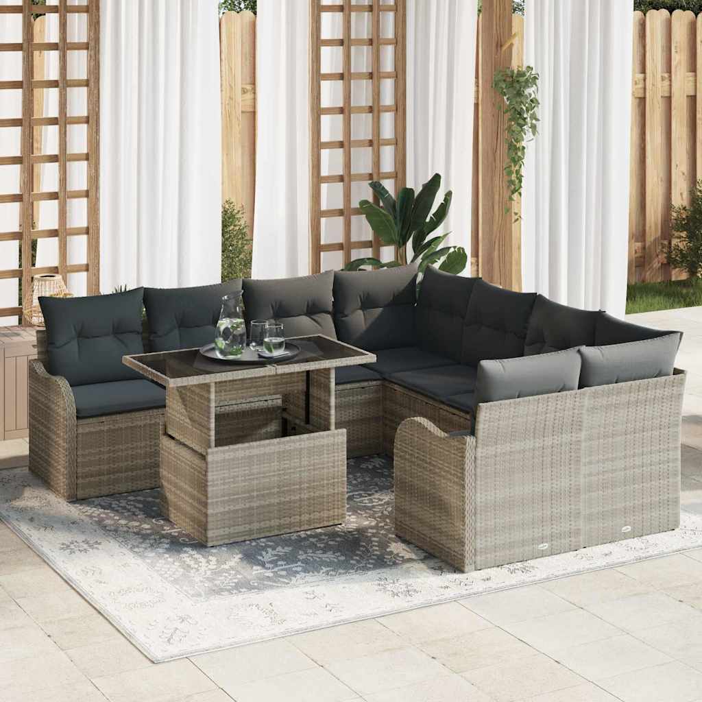 Conjunto de sofás de jardín 9 pcs Gris Claro Ratán sintético