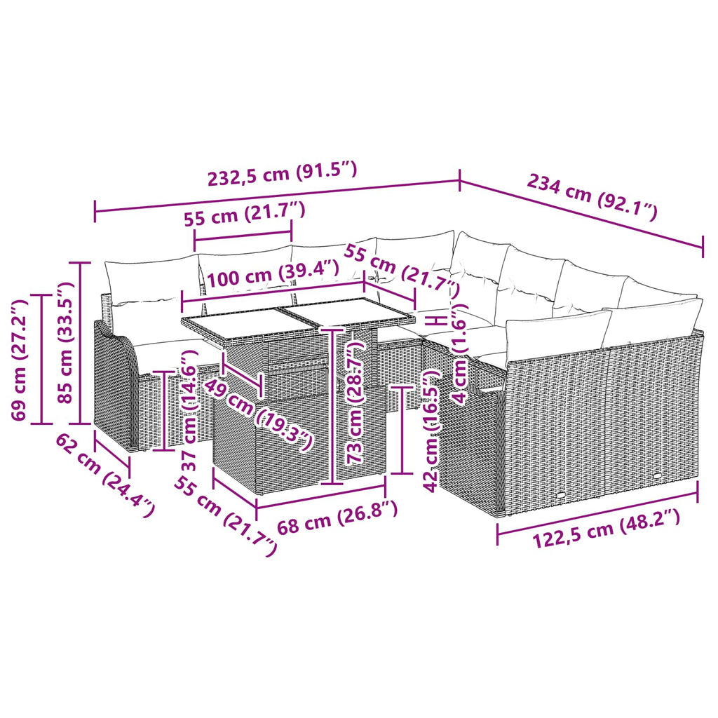 Conjunto de sofás de jardín 9 pcs Gris Claro Ratán sintético
