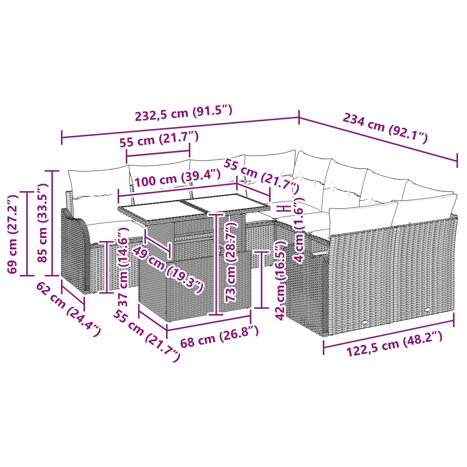 Conjunto de sofás de jardín 9 pcs Gris Claro Ratán sintético