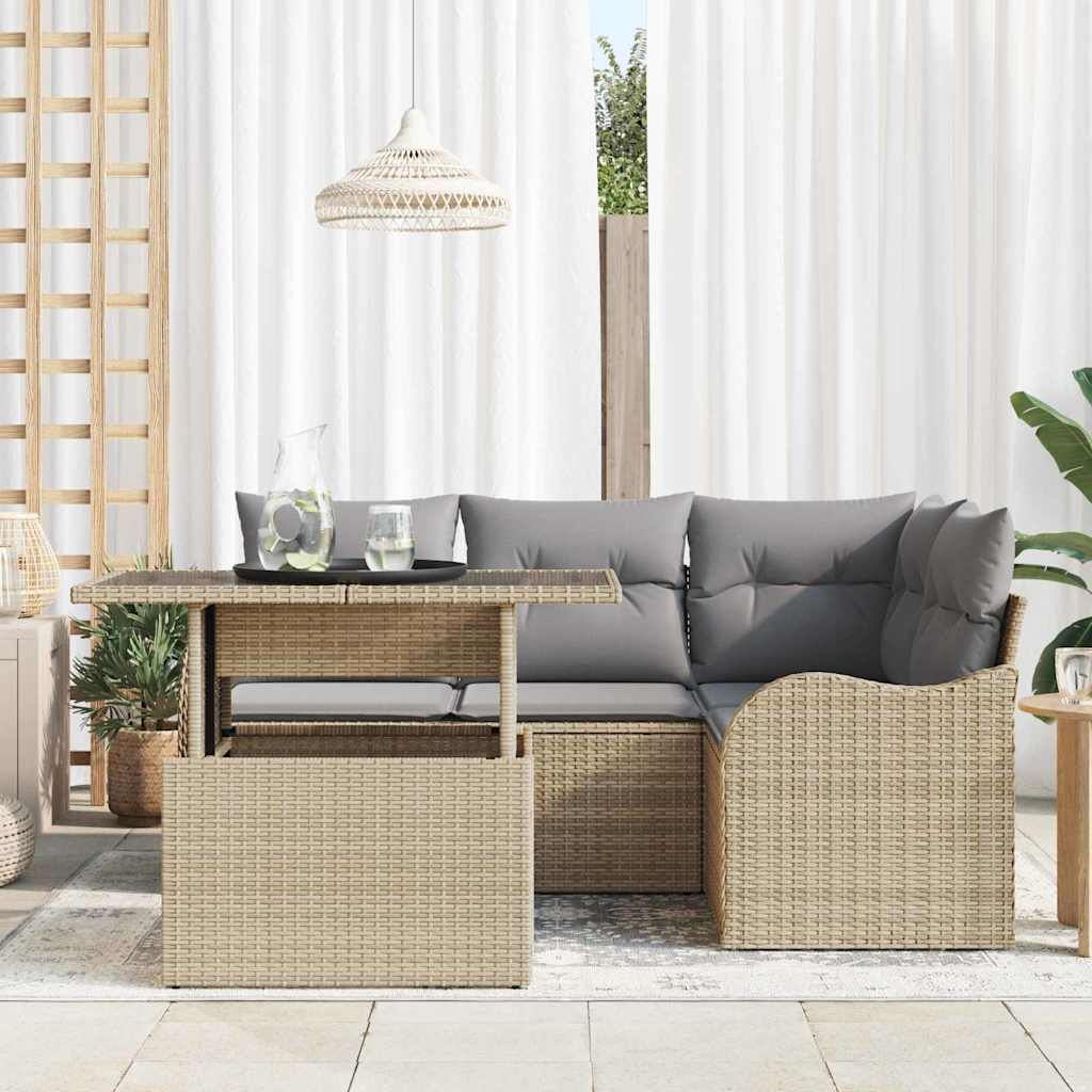 Conjunto de sofá de jardín 5 pcs Beige Rattan de Poliéster