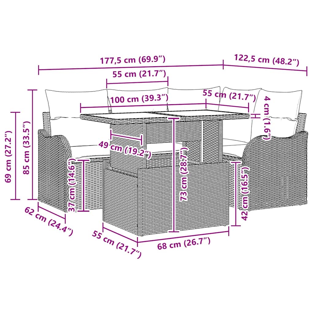 Conjunto de sofá de jardín 5 pcs Beige Rattan de Poliéster