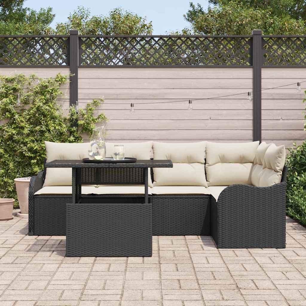 Conjunto de sofá de jardín 6 pcs Negro Rattan de Poliéster