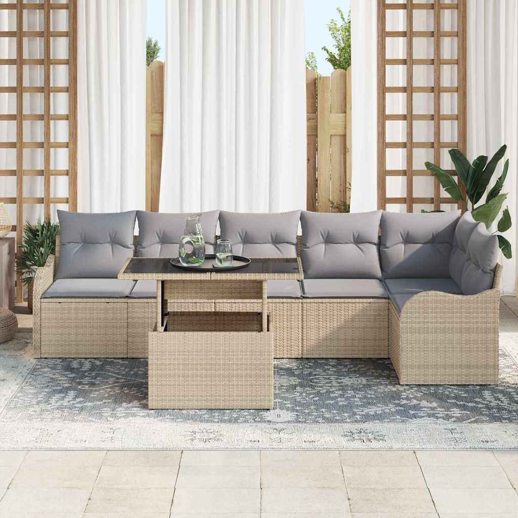 Conjunto de sofá de jardín 7 pcs Beige Rattan de Poliéster