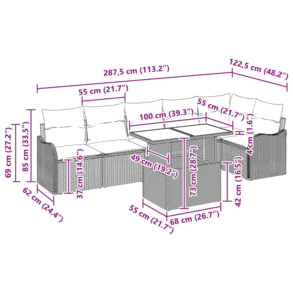 Conjunto de sofá de jardín 7 pcs Beige Rattan de Poliéster