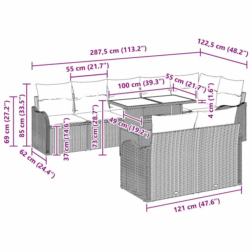 Conjunto de sofá de jardín 9 pcs Marrón Rattan de Poliéster