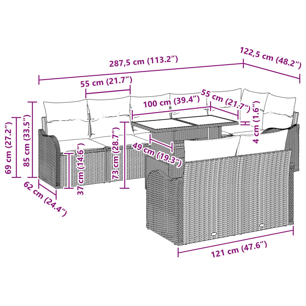Conjunto de sofá de jardín 9 pcs Gris Claro Rattan de Poliéster