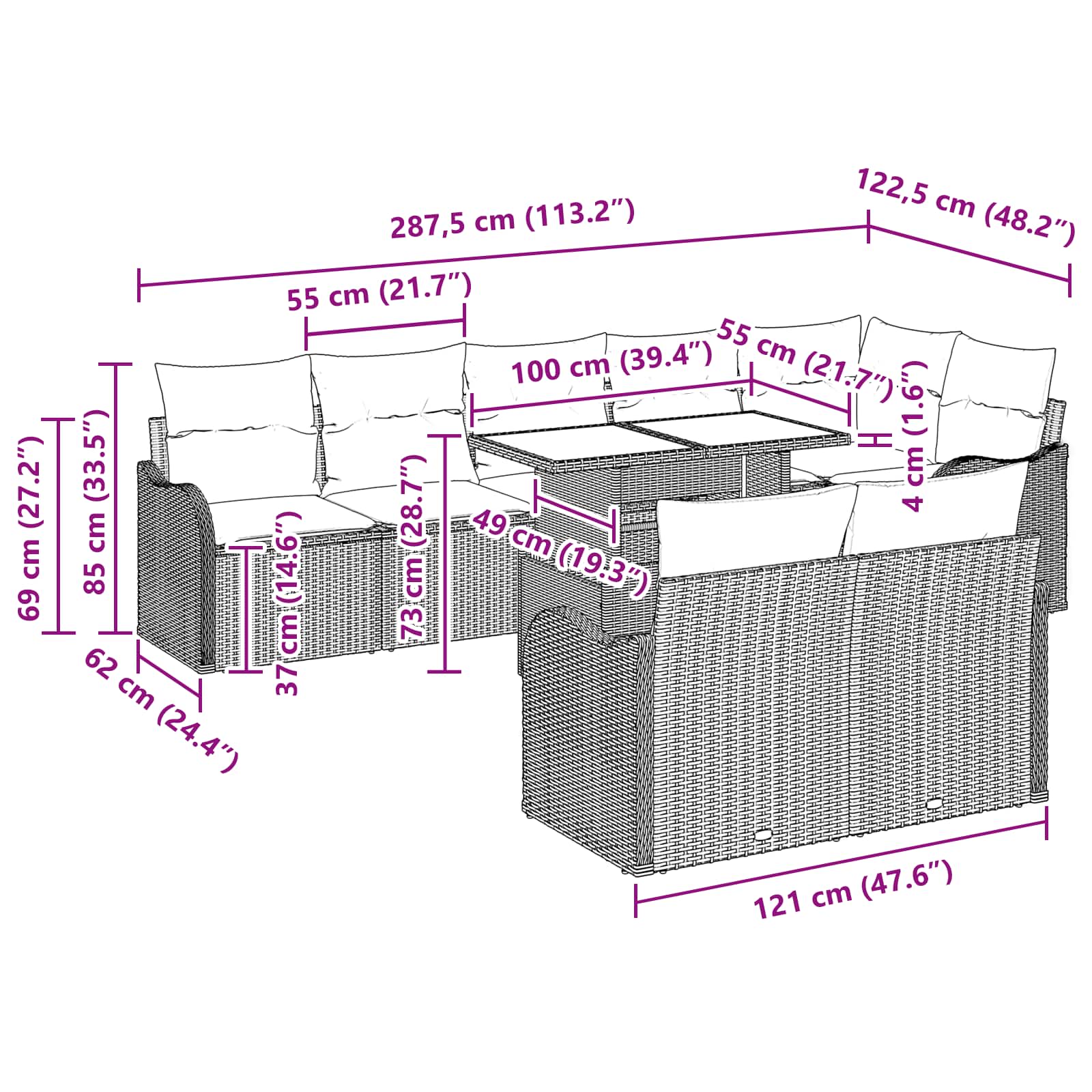 Conjunto de sofá de jardín 9 pcs Gris Claro Rattan de Poliéster