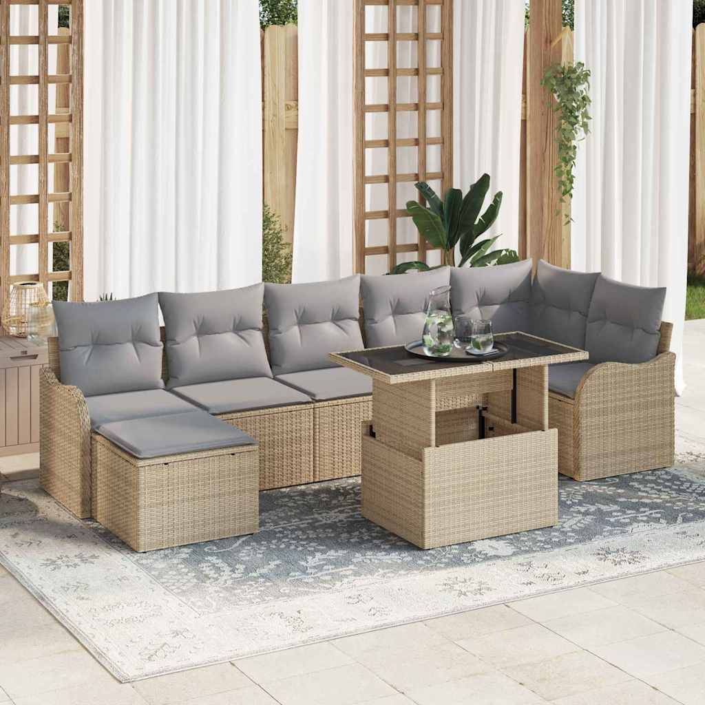 Conjunto de sofá de jardín 7 pcs Beige Rattan de Poliéster