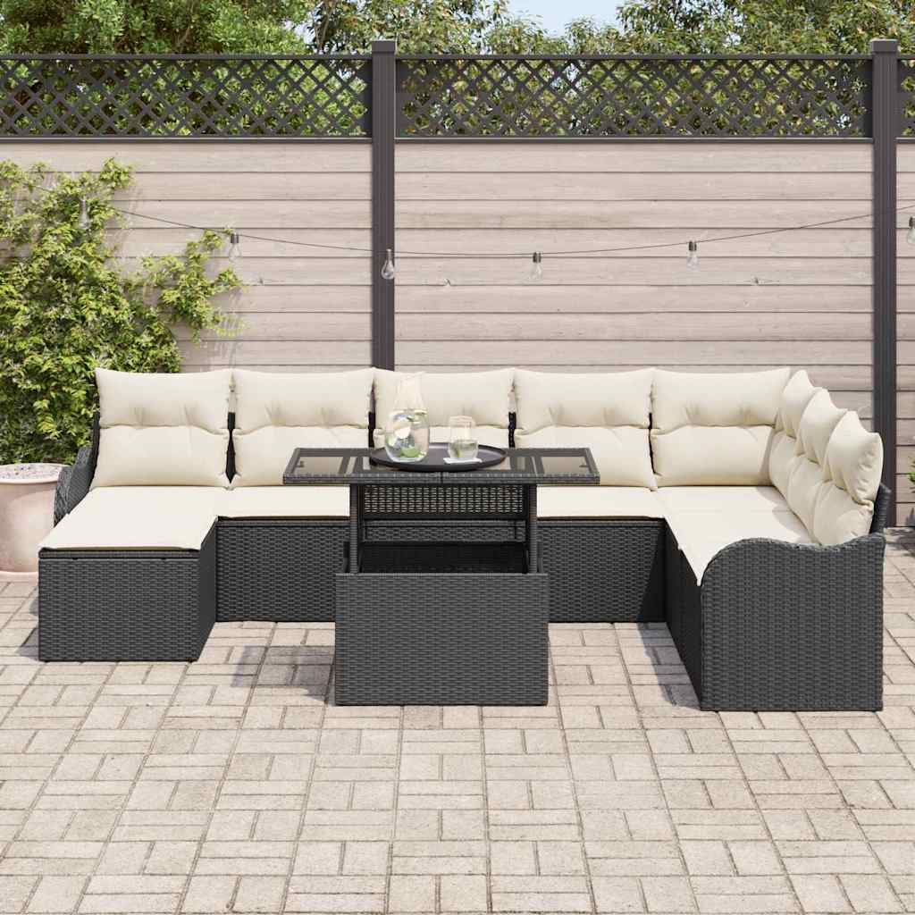 Conjunto de sofá de jardín con cojín 9 pcs Negro Poliratán