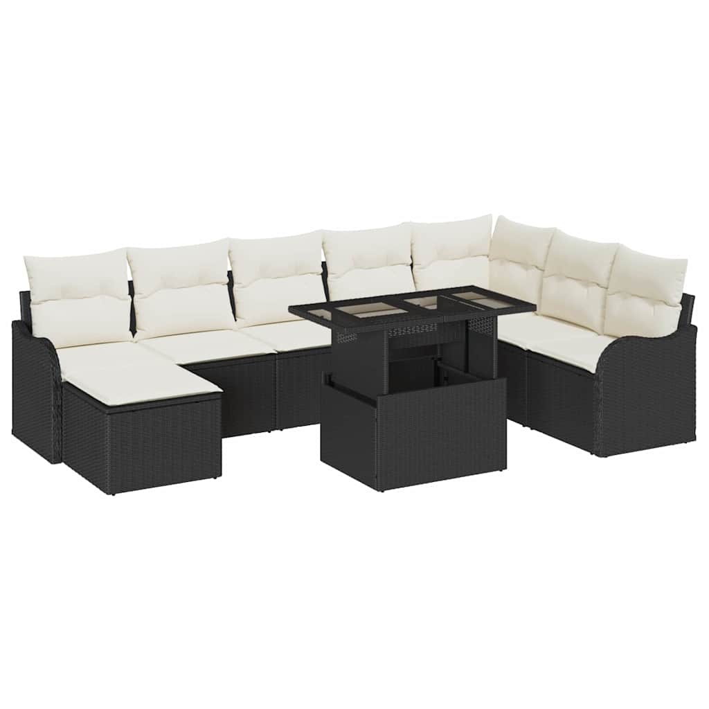 Conjunto de sofá de jardín con cojín 9 pcs Negro Poliratán