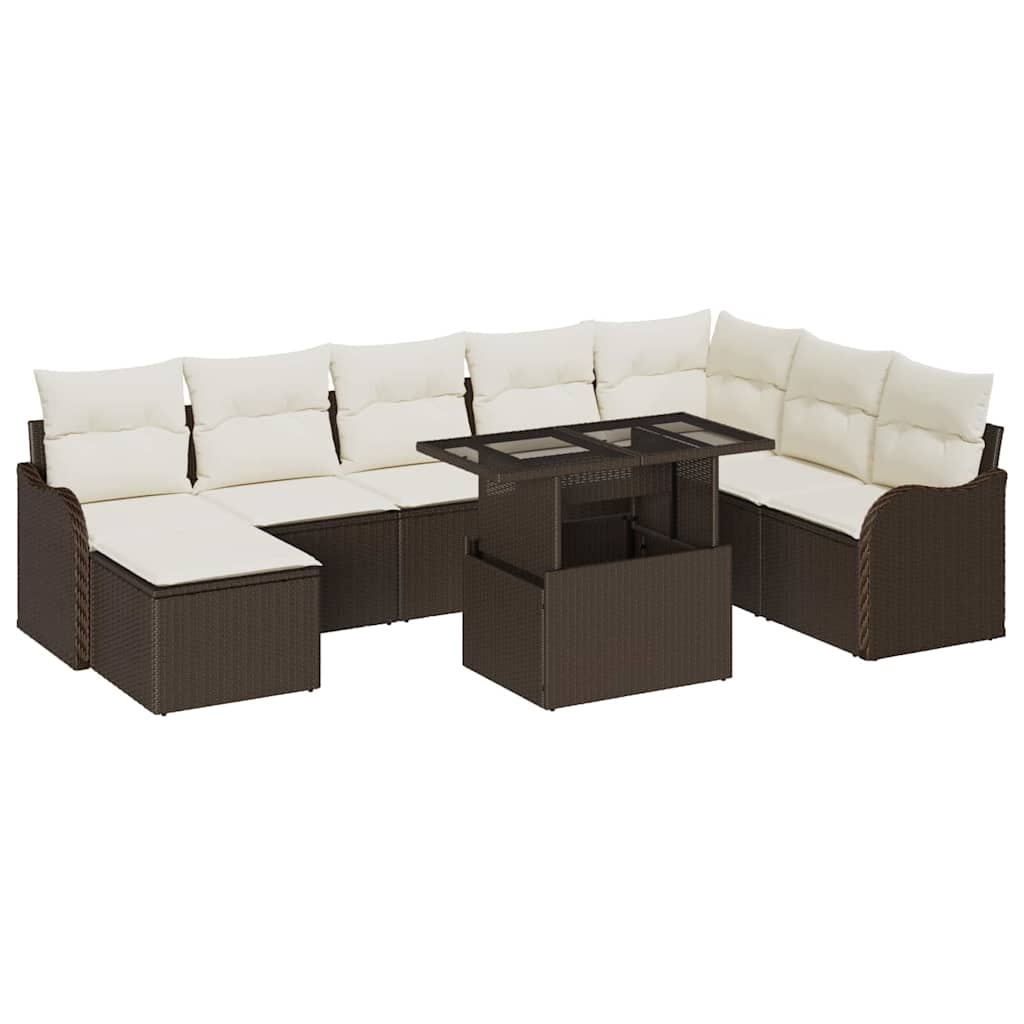 Conjunto de sofá de jardín con cojín 9 pcs Marrón Poliratán