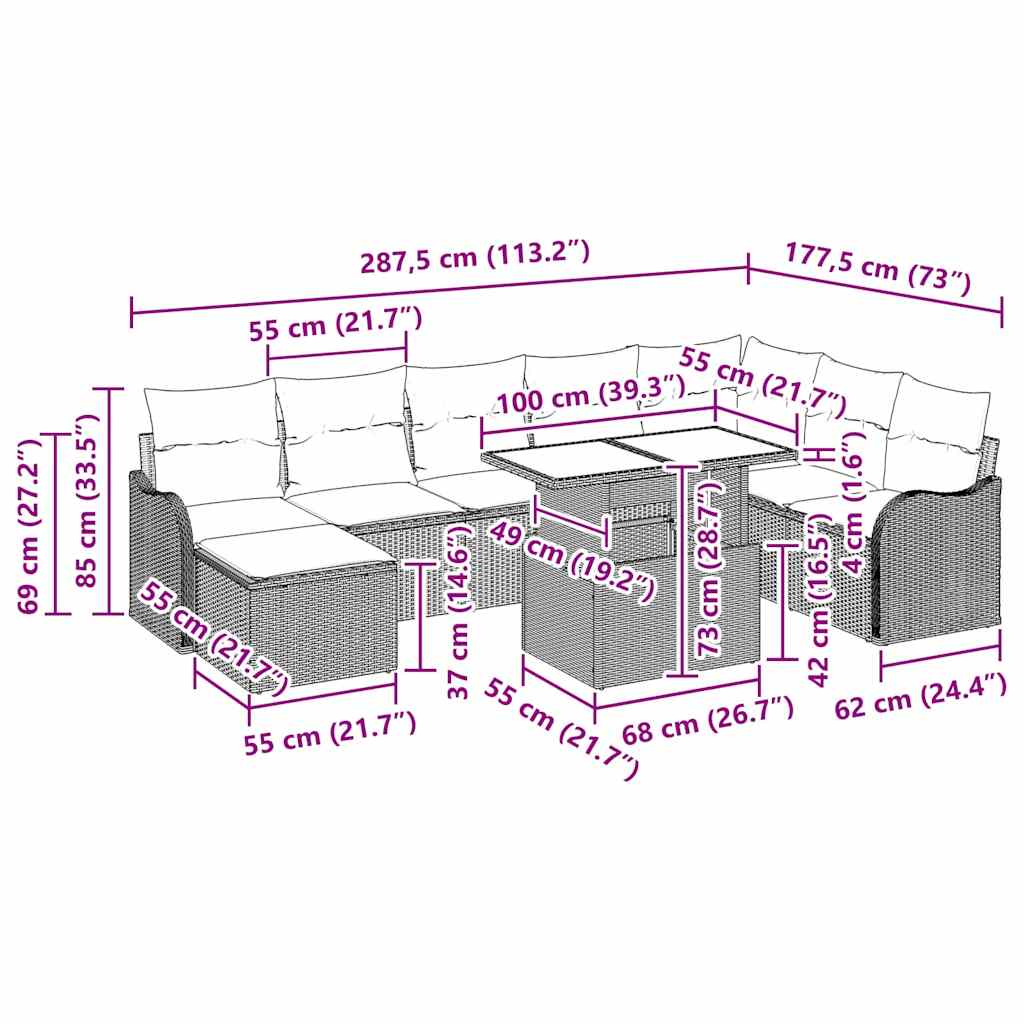 Conjunto de sofá de jardín con cojín 9 pcs Marrón Poliratán