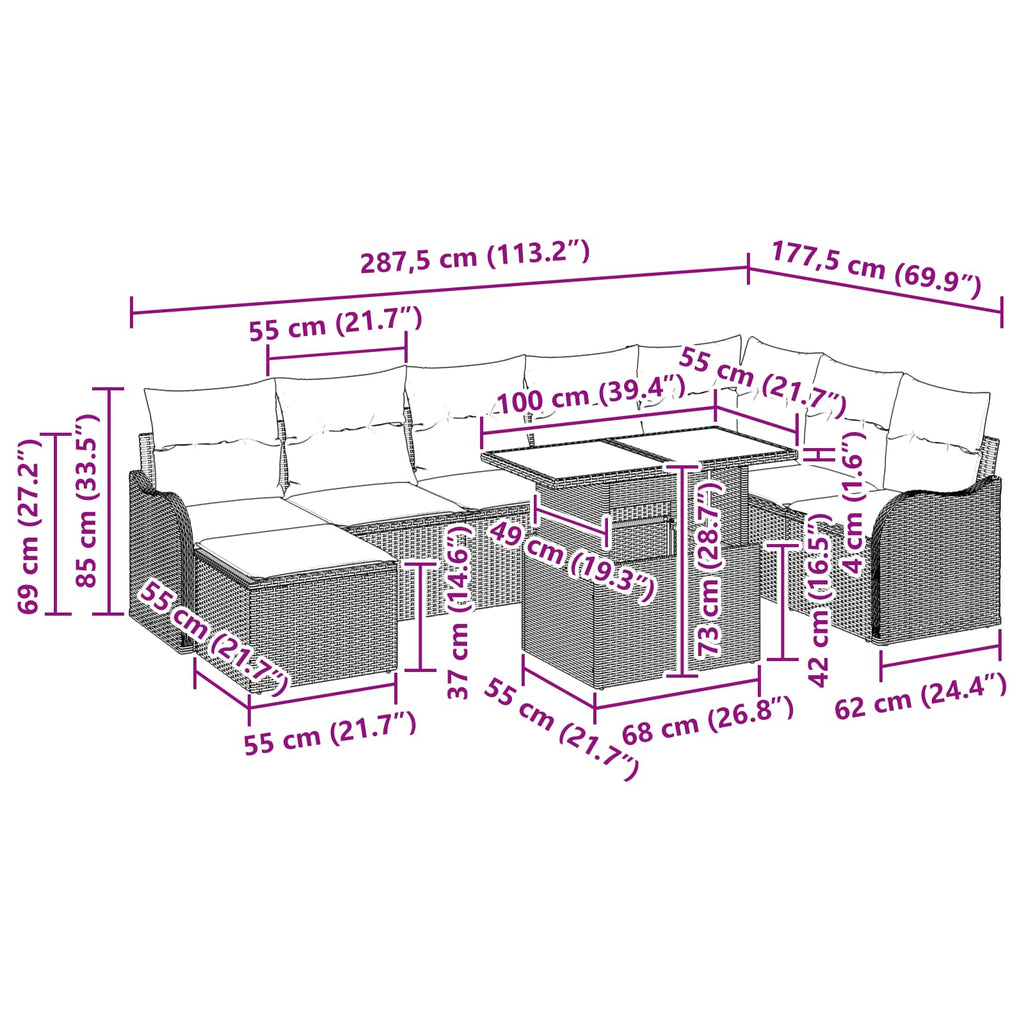 Conjunto de sofá de jardín con cojín 9 pcs Gris claro Poliratán