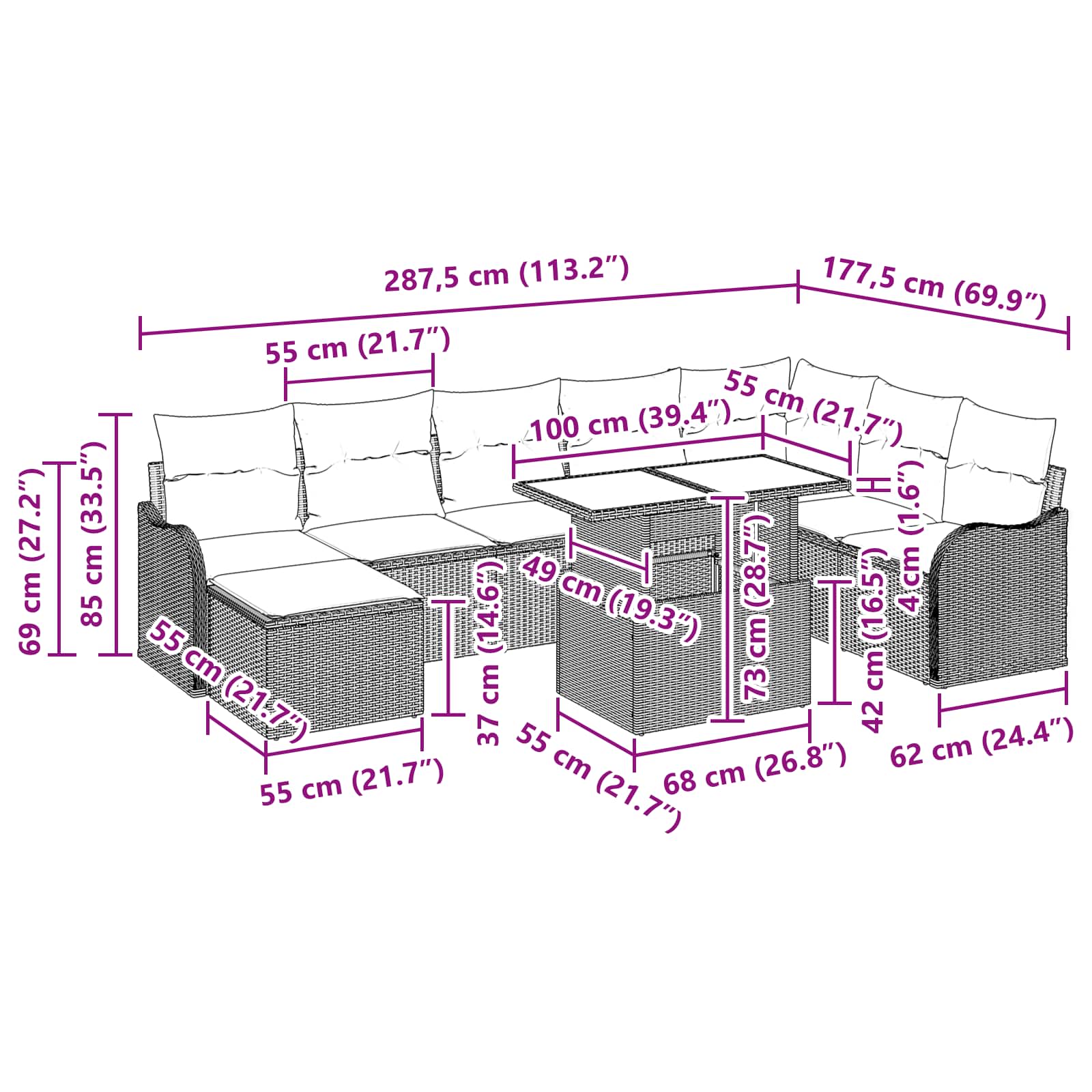Conjunto de sofá de jardín con cojín 9 pcs Gris claro Poliratán