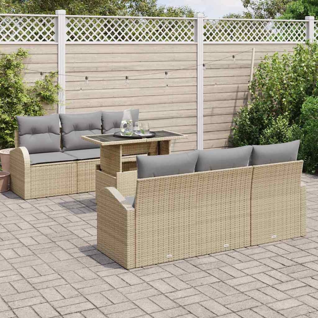 Conjunto de sofá de jardín 7 pcs Beige Rattan de Poliéster