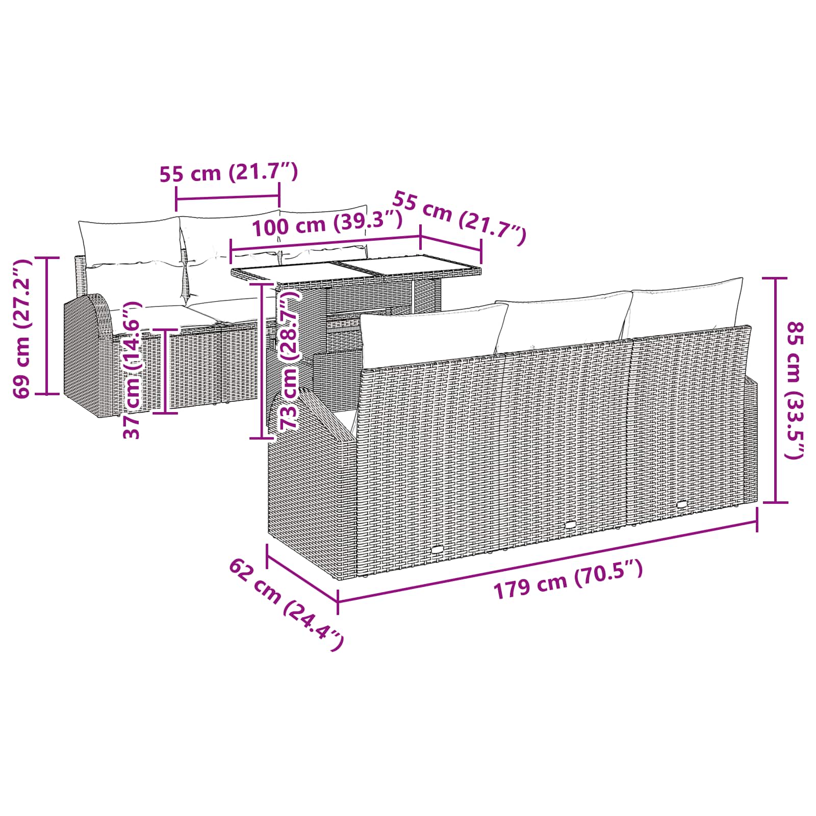 Conjunto de sofá de jardín 7 pcs Marrón Rattan de Poliéster