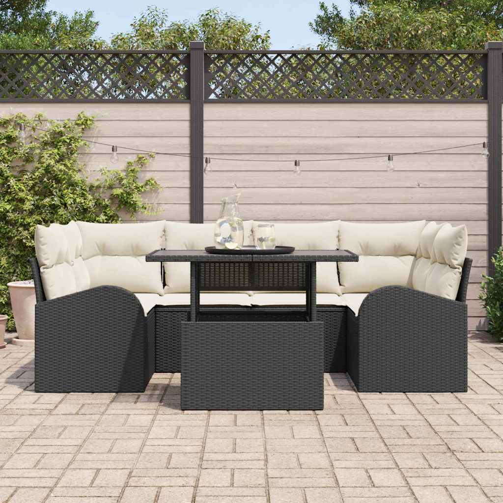 Conjunto de sofá de jardín 7 pcs Negro Rattan de Poliéster