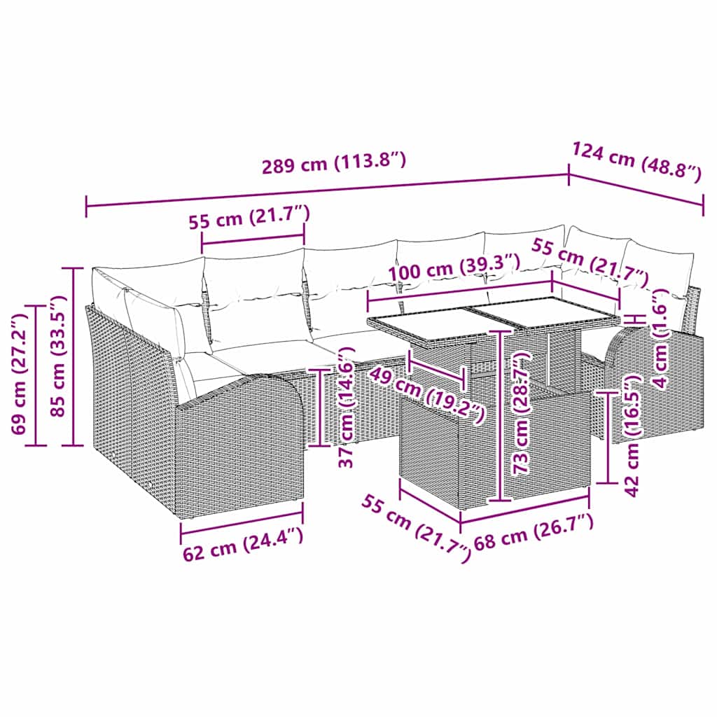 Conjunto de sofá de jardín 8 pcs Beige Rattan de Poliéster