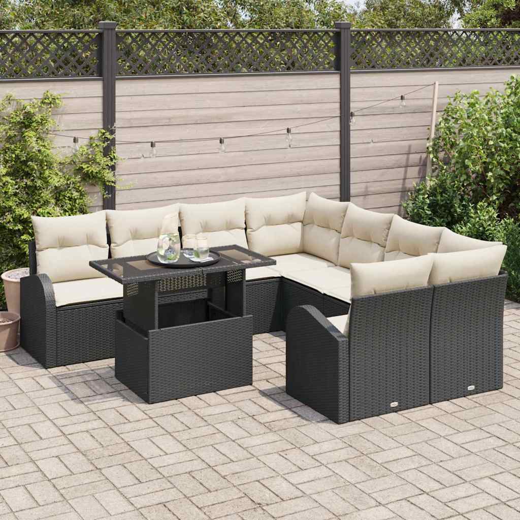Conjunto de sofá de jardín 9 pcs Negro Rattan de Poliéster