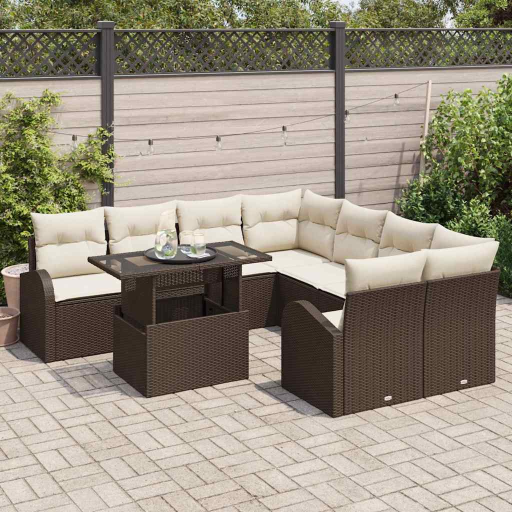 Conjunto de sofá de jardín 9 pcs Marrón Rattan de Poliéster