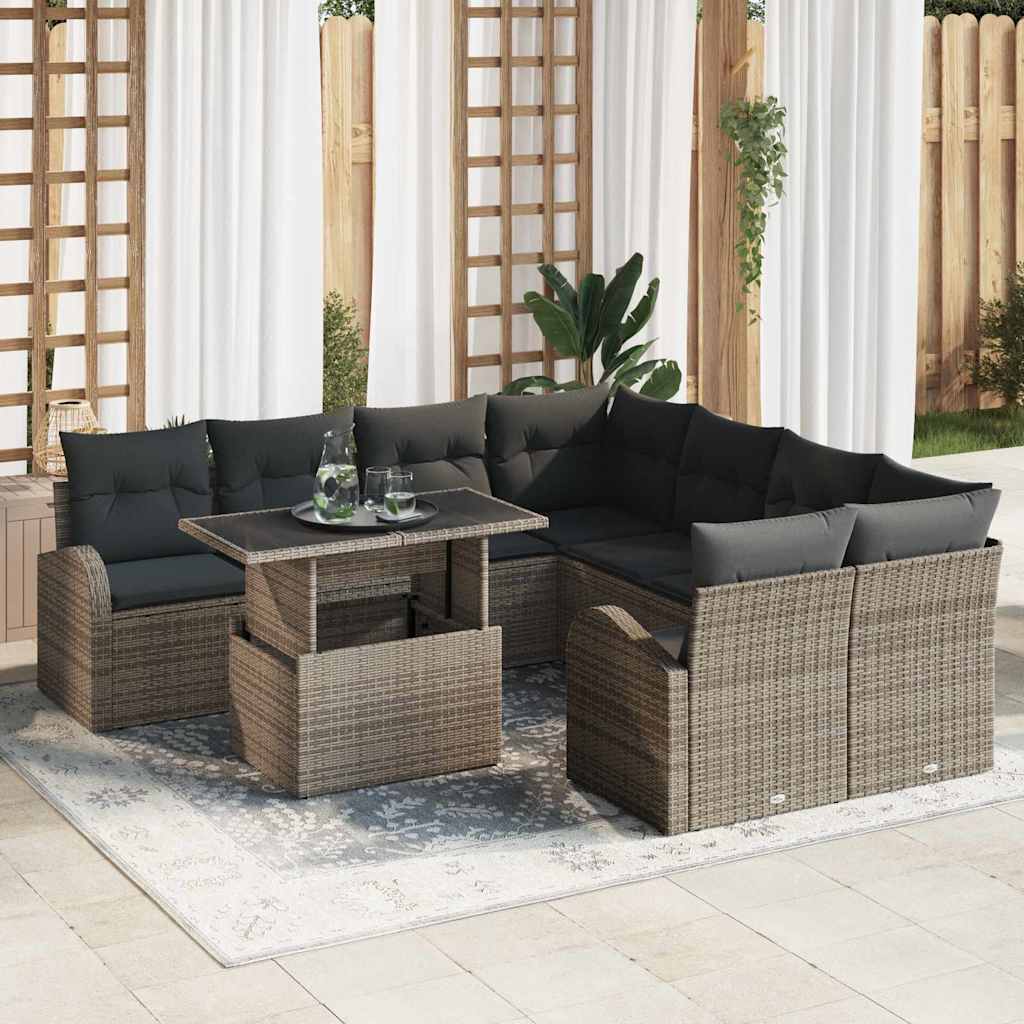 Conjunto de sofá de jardín 9 pcs Gris Rattan de Poliéster