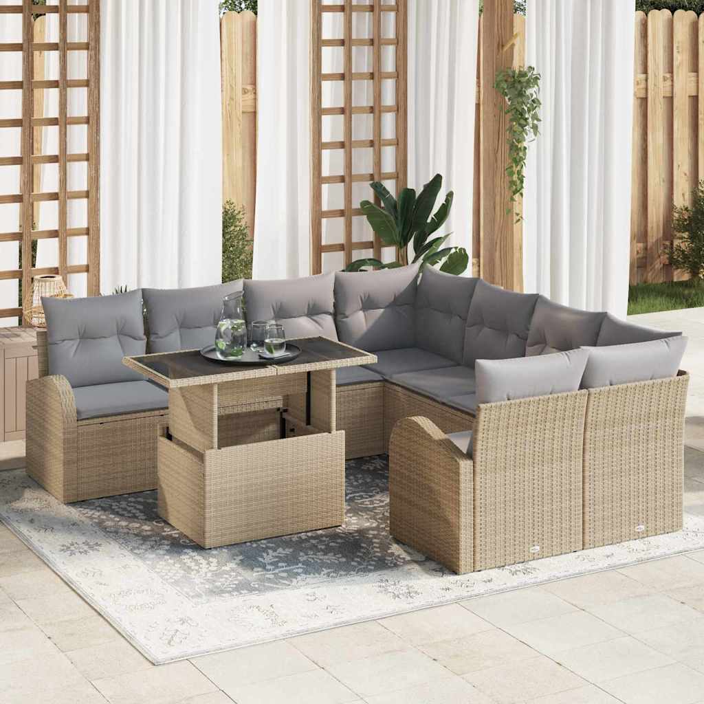 Conjunto de sofá de jardín 9 pcs Beige Rattan de Poliéster