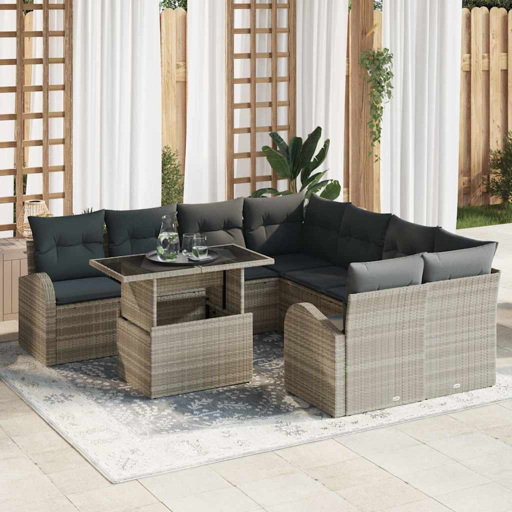 Conjunto de sofá de jardín 9 pcs Gris Claro Rattan de Poliéster