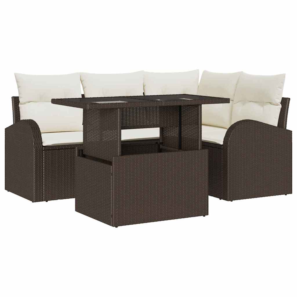 Conjunto de sofá de jardín con cojín 5 pcs Marrón Poliratán