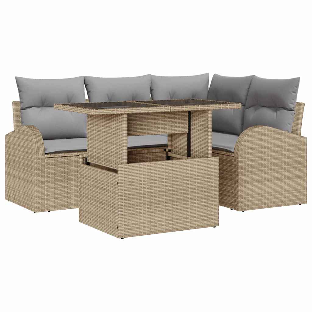 Conjunto de sofá de jardín con cojín 5 pcs Beige Poliratán