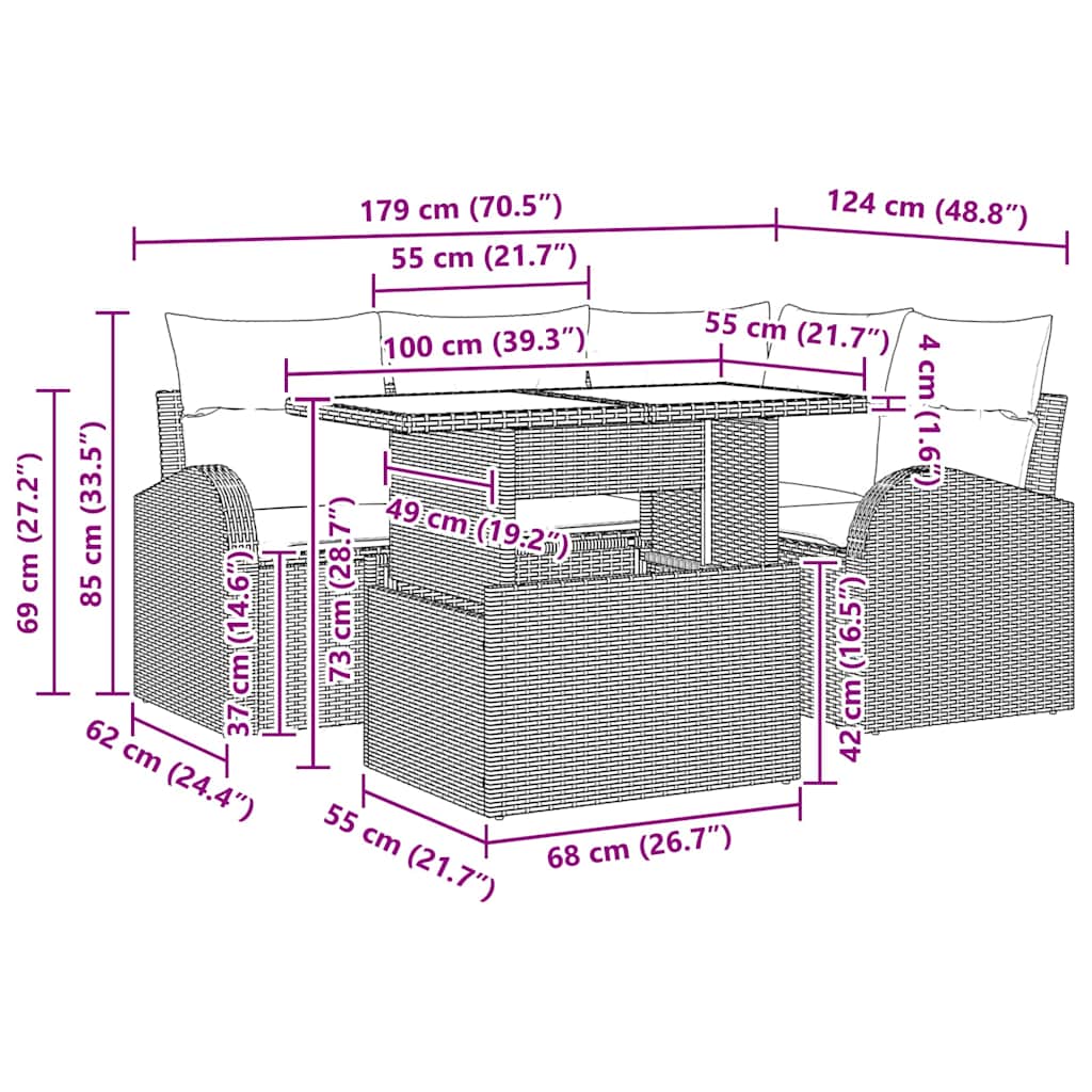 Conjunto de sofá de jardín con cojín 5 pcs Beige Poliratán