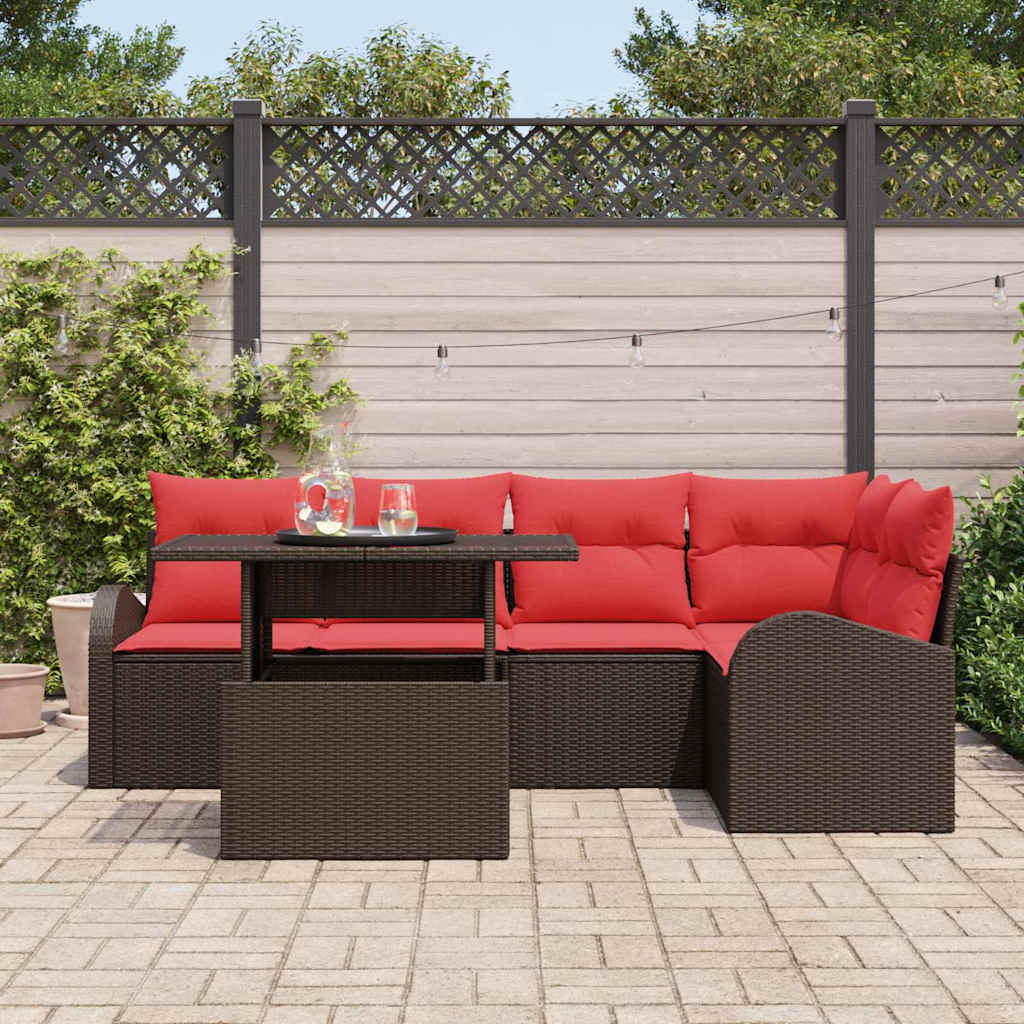 Conjunto de sofá de jardín con cojín 6 pcs Marrón Poliratán