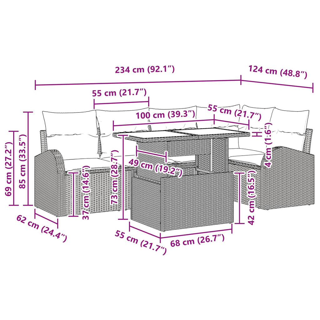 Conjunto de sofá de jardín con cojín 6 pcs Marrón Poliratán