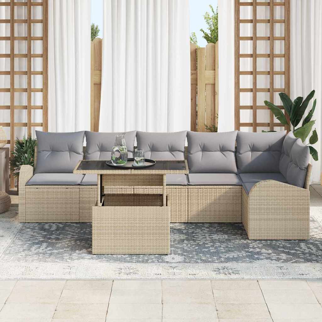 Conjunto de sofá de jardín con cojín 7 pcs Beige Poliratán