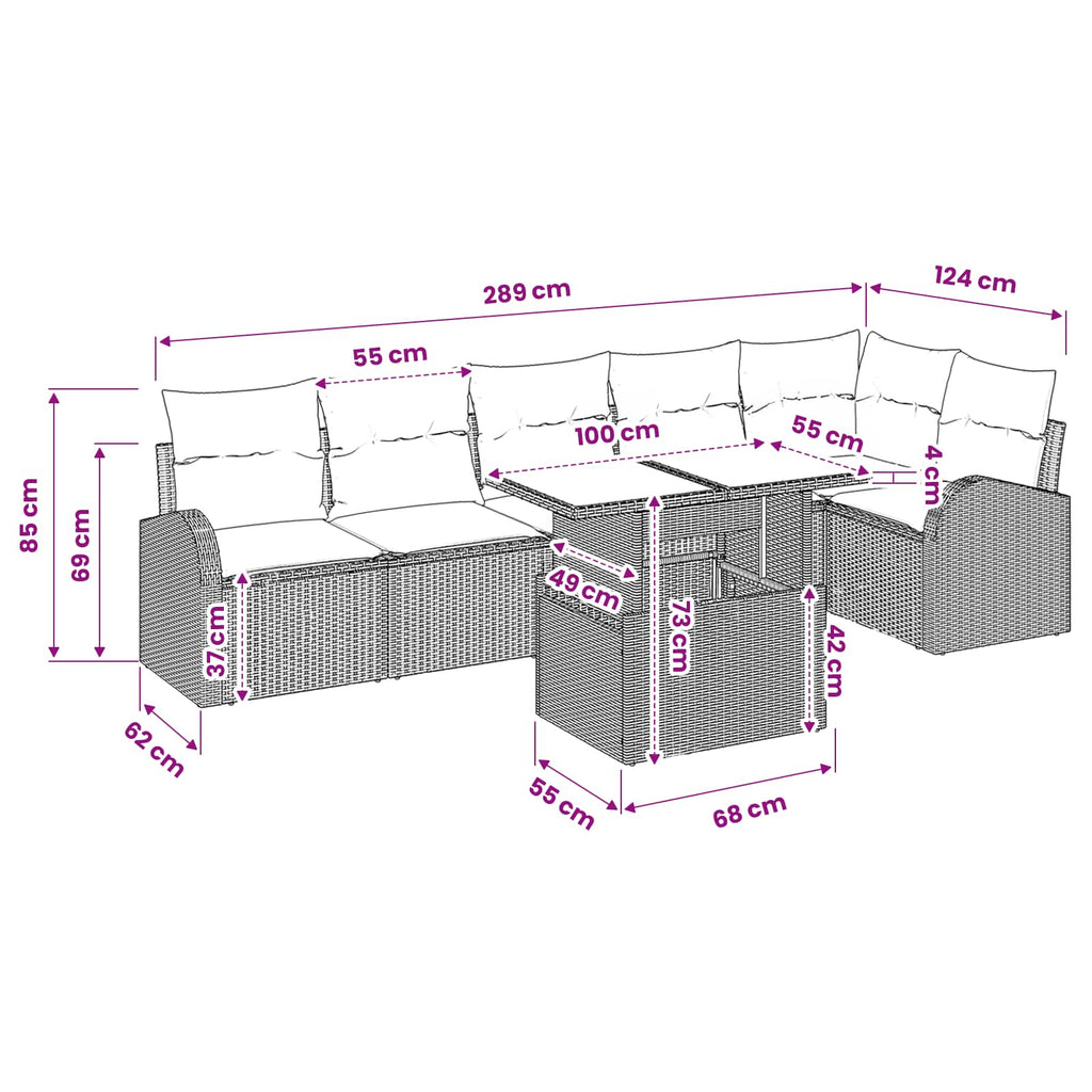 Conjunto de sofá de jardín con cojín 7 pcs Marrón Poliratán