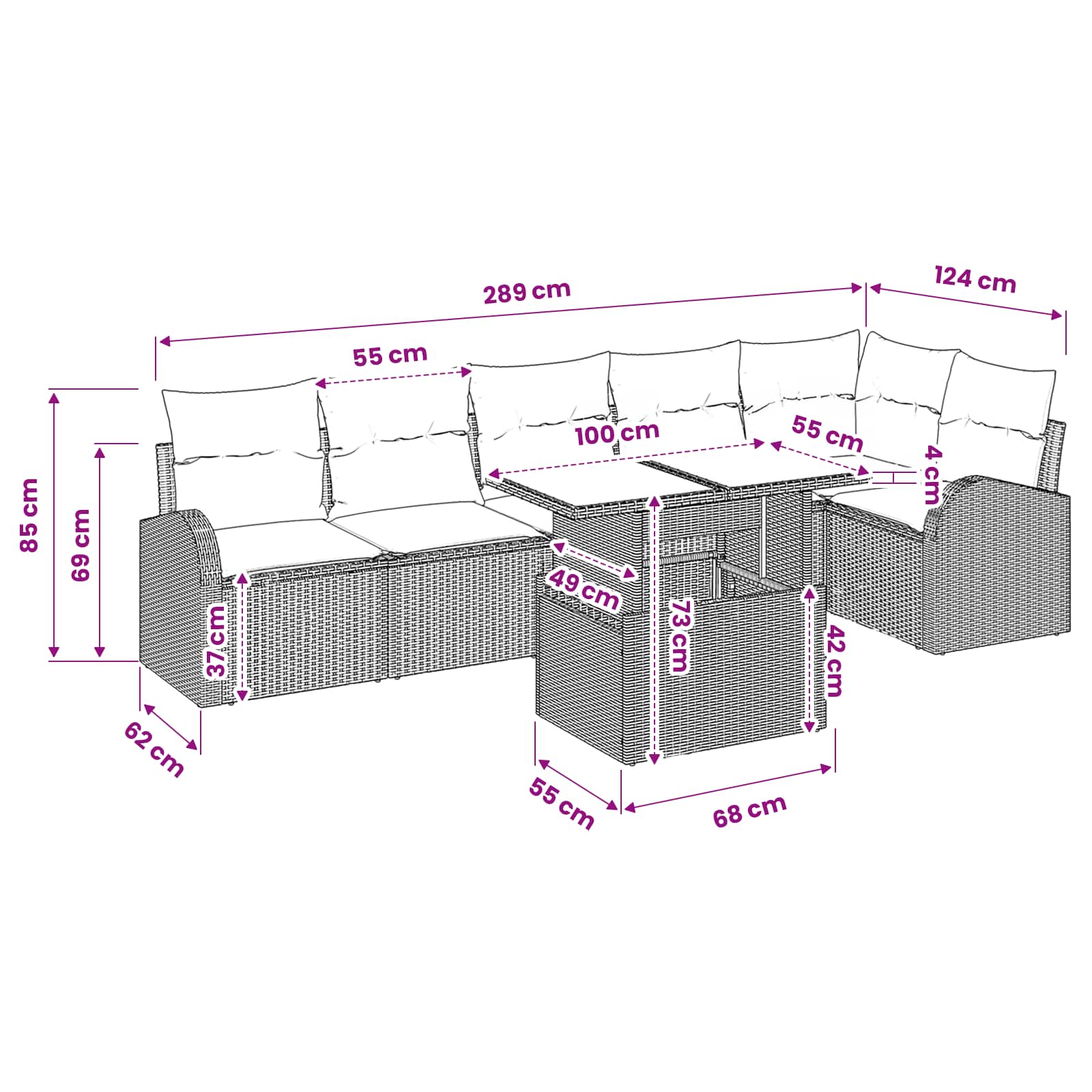 Conjunto de sofá de jardín con cojín 7 pcs Marrón Poliratán