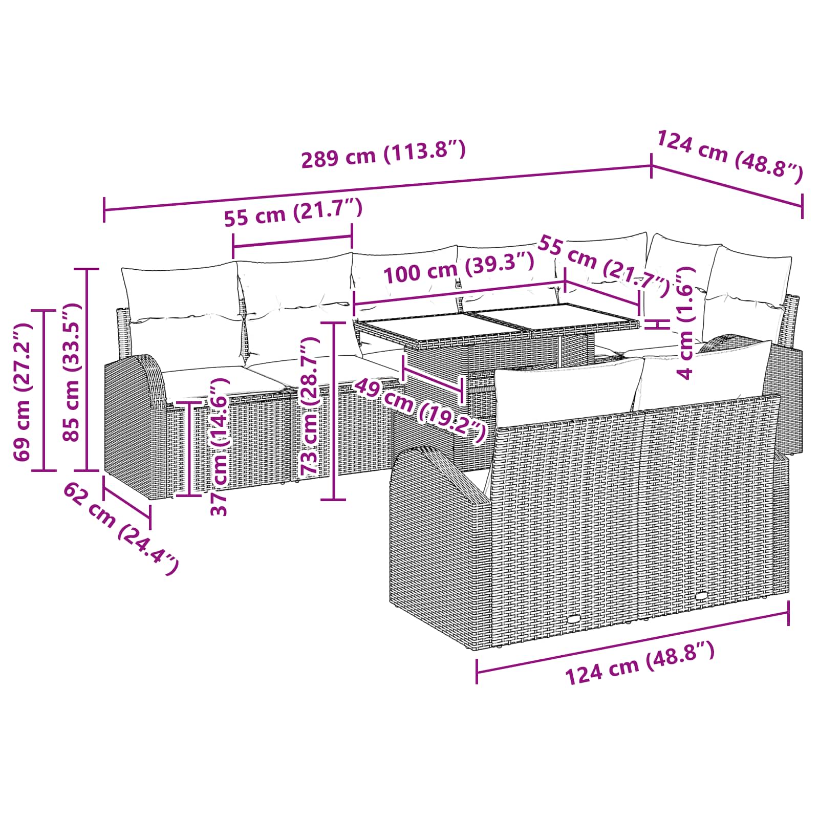 Conjunto de sofá de jardín 9 pcs Marrón Poliratán