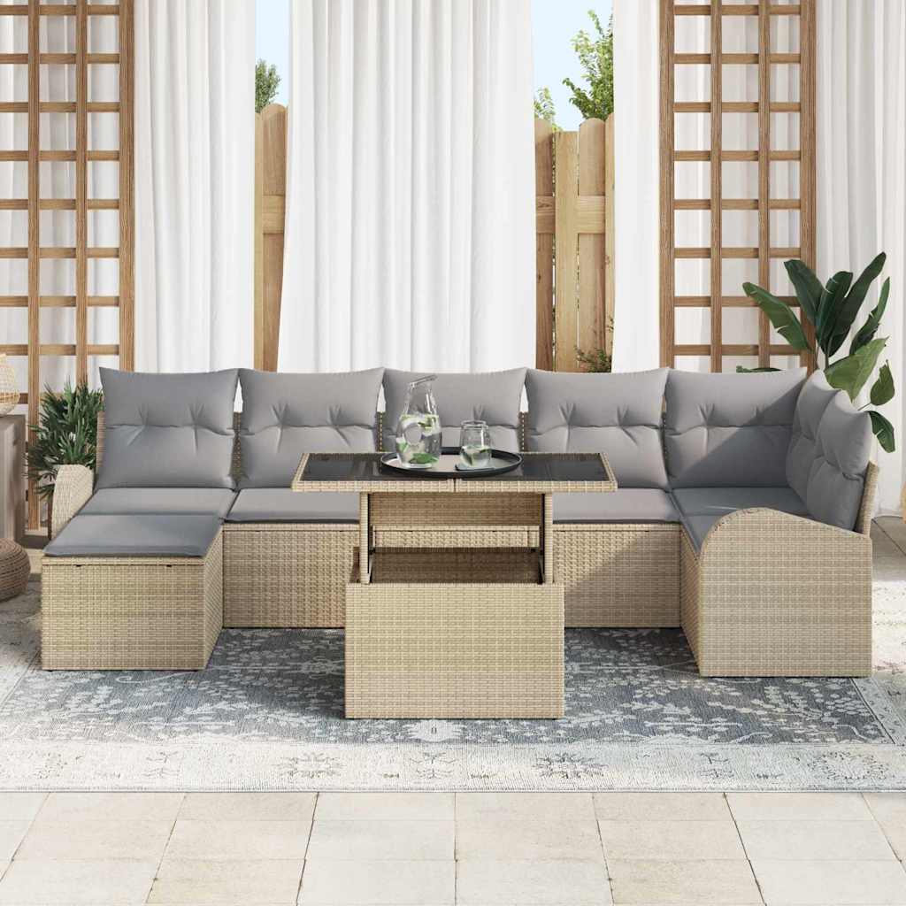 Conjunto de sofá de jardín con cojín 8 pcs Beige Poliratán