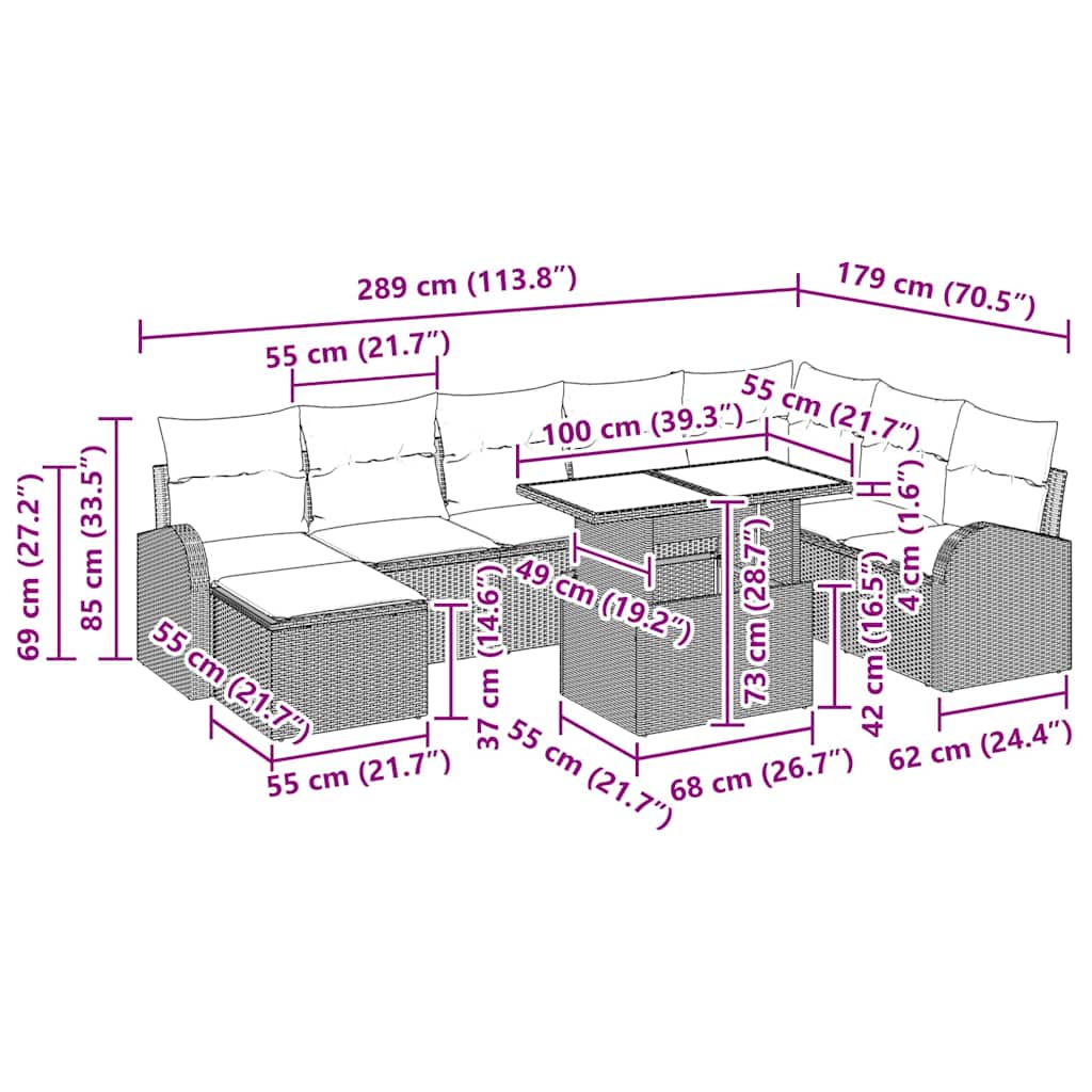 Conjunto de sofá de jardín 9 pcs Beige Poliratán