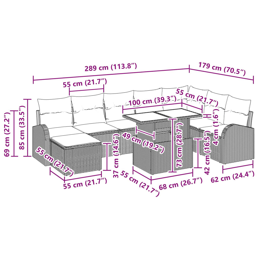 Conjunto de sofá de jardín 9 pcs Marrón Poliratán
