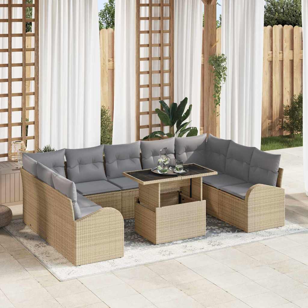 Conjunto de sofá de jardín con cojín 10 pcs Beige Poliratán