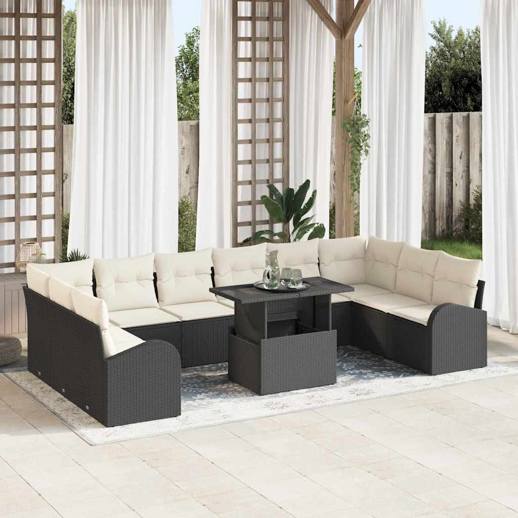 Conjunto de sofá de jardín con cojín 11 pcs Negro Poliratán