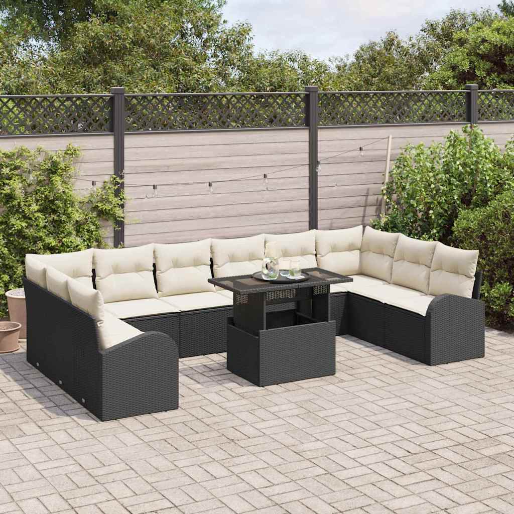 Conjunto de sofá de jardín con cojín 11 pcs Negro Poliratán