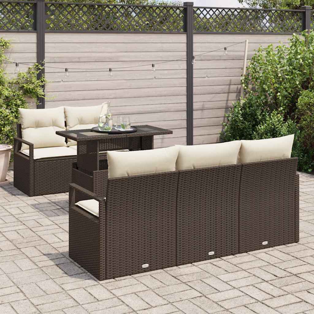Conjunto de sofá de jardín con cojín 6 pcs Marrón Poliratán