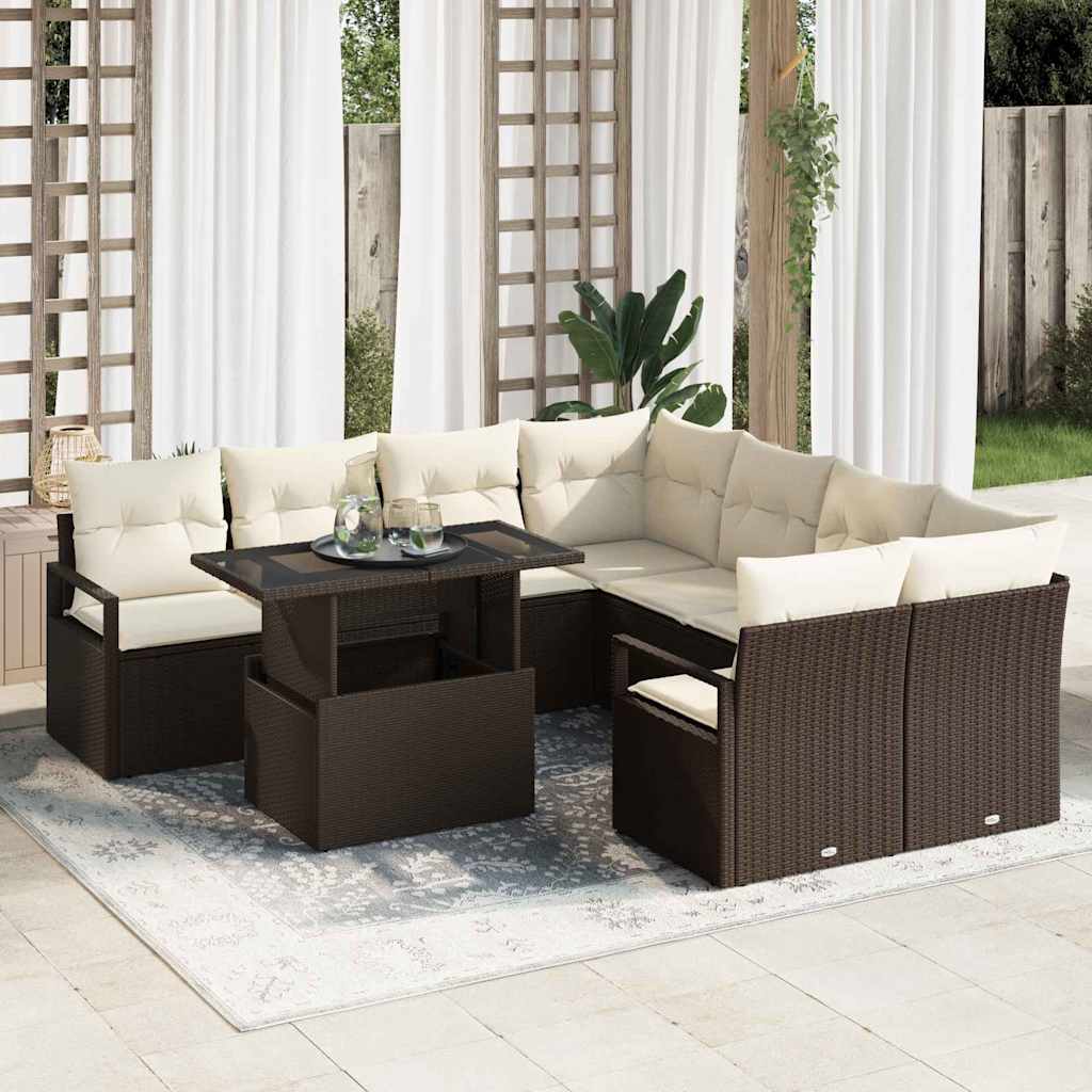Conjunto de Sofás de Jardim com Almofadas 9 pcs Bege Polirratan