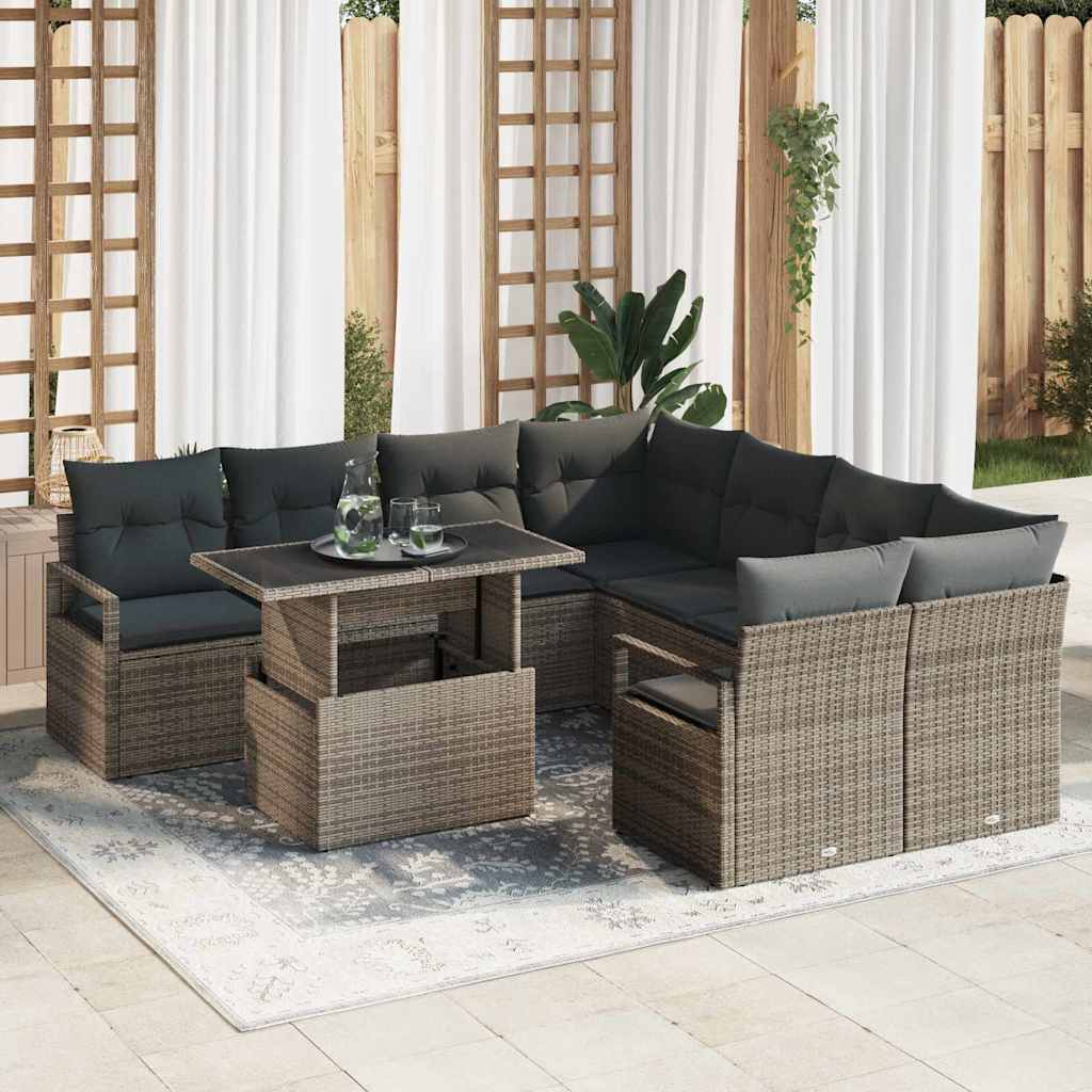 Conjunto de sofá de jardín con cojín 9 pcs Beige Poliratán